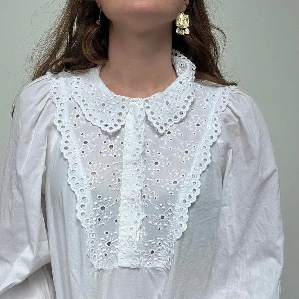 Zara white cotton blouse with lace eyelet collar